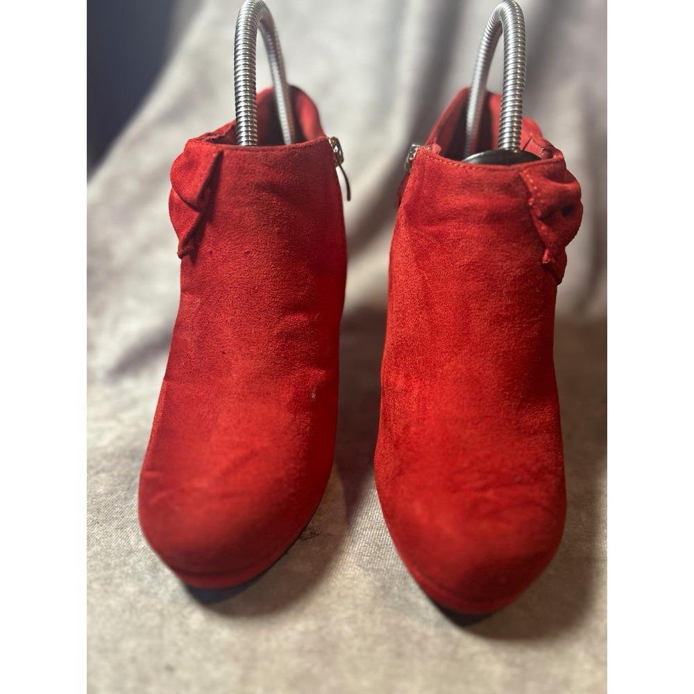 Xappeal Women's Red Suede Ankle Bootie Round Toe Side Zip Bow Solid